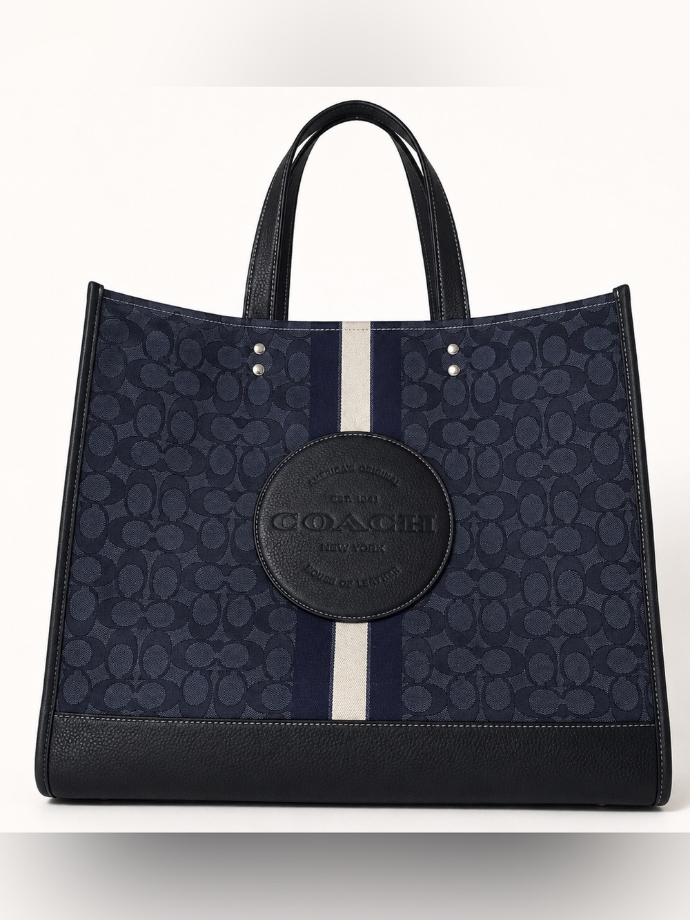 Coach Navy Signature Jacquard Tote Bag with Leather Trim & Center Stripe